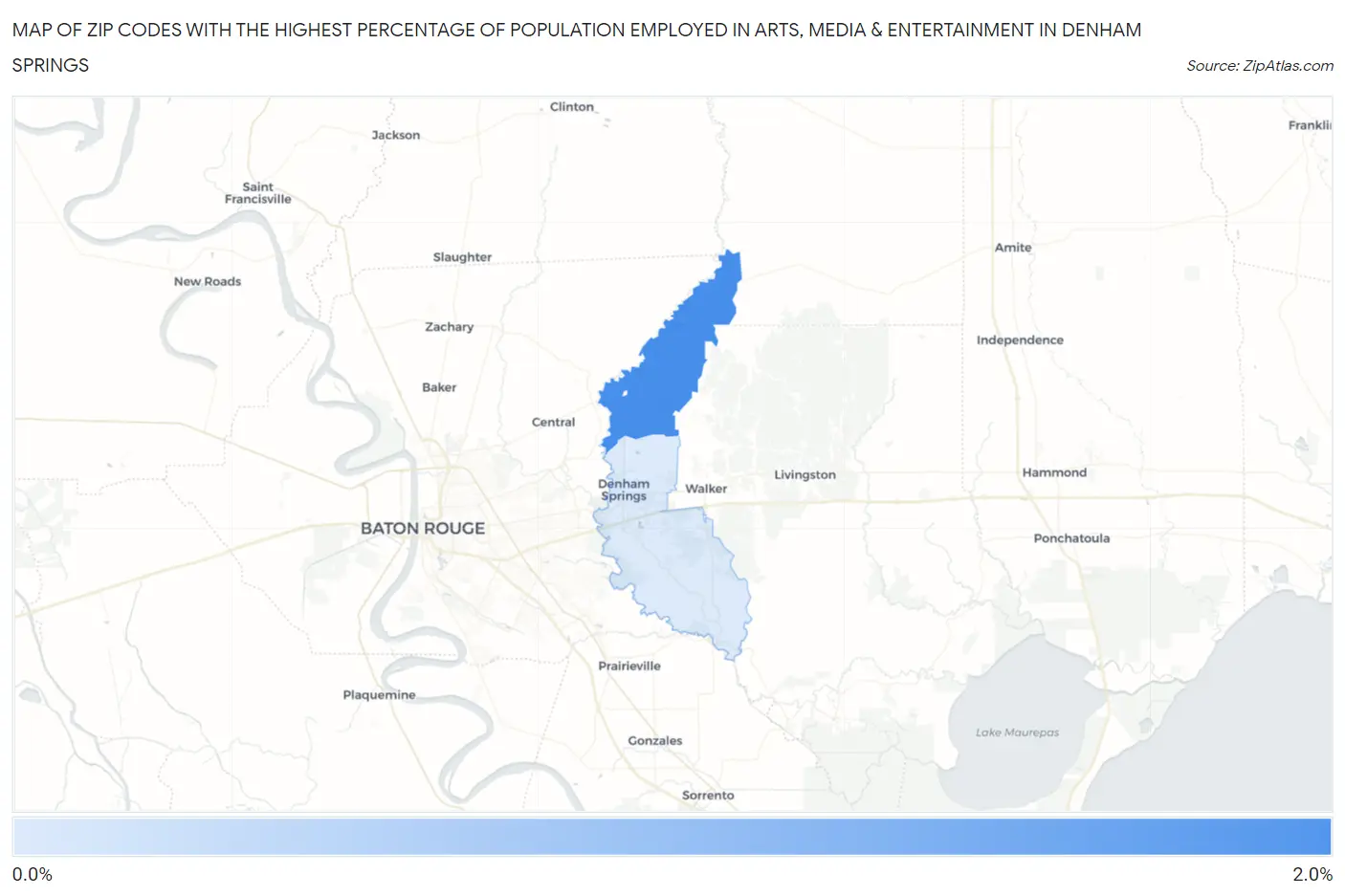 Zip Codes with the Highest Percentage of Population Employed in Arts, Media & Entertainment in Denham Springs Map