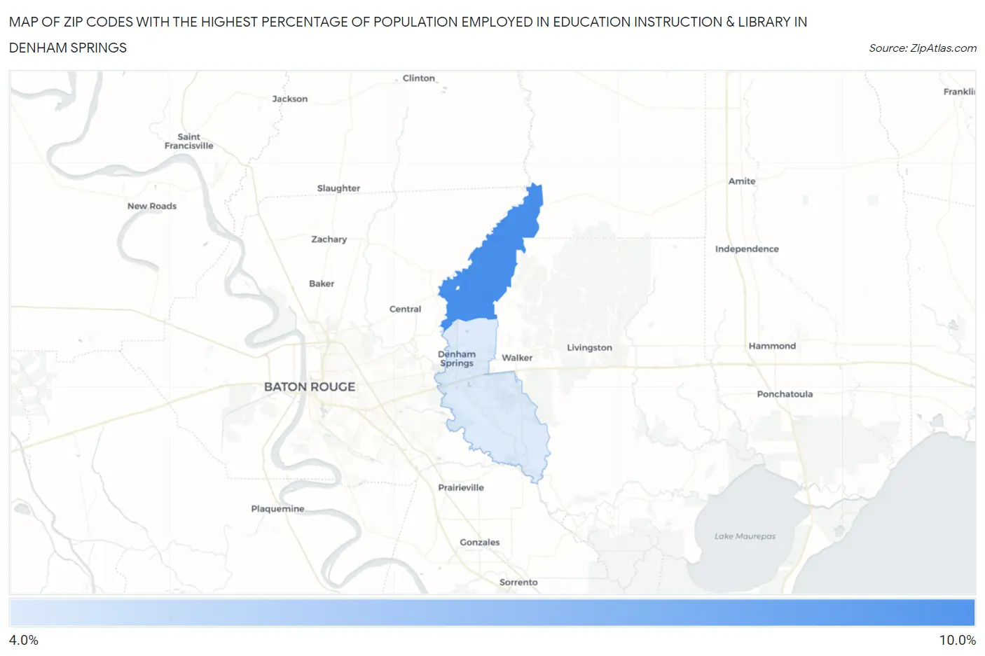 Zip Codes with the Highest Percentage of Population Employed in Education Instruction & Library in Denham Springs Map