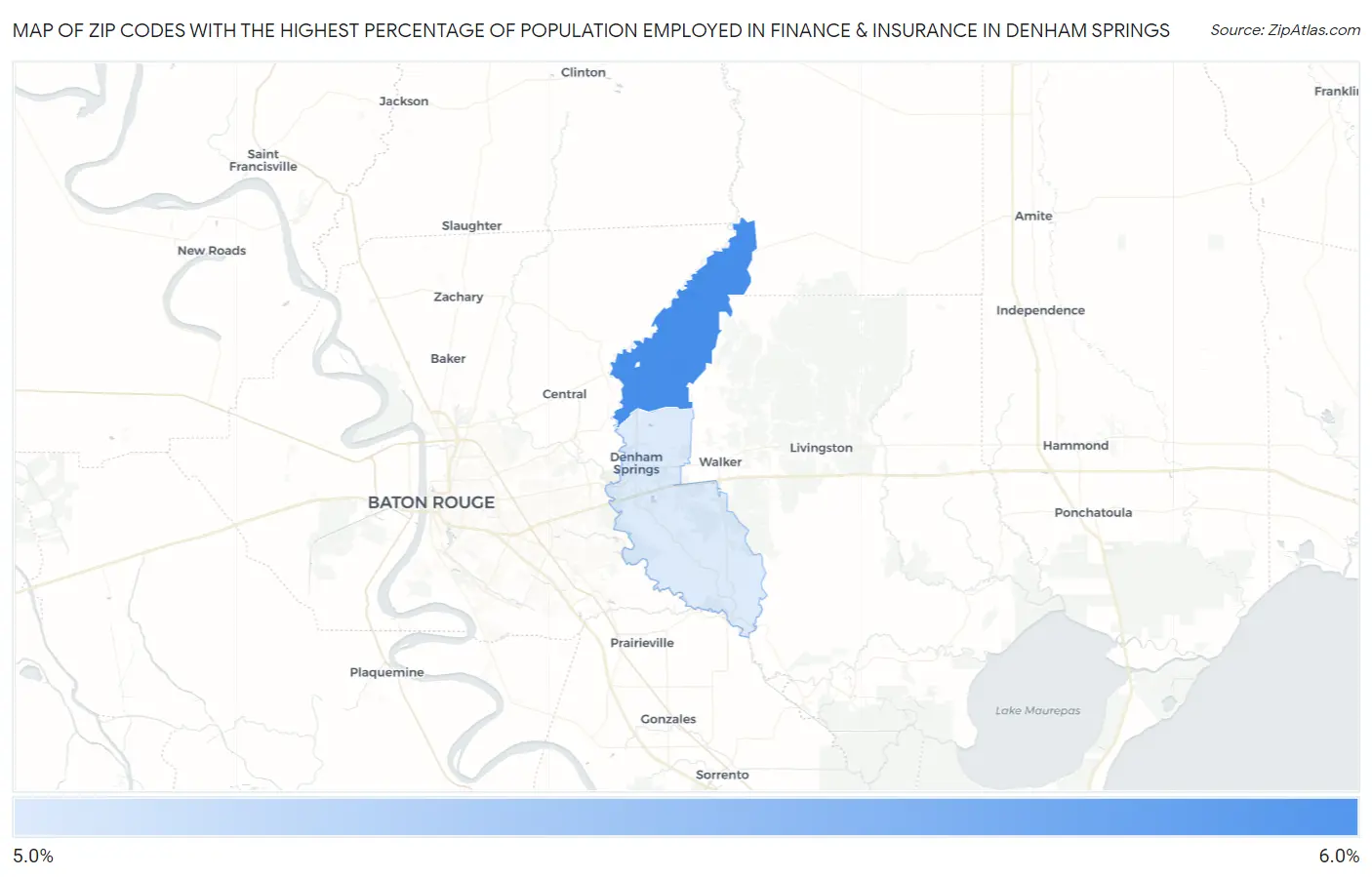 Zip Codes with the Highest Percentage of Population Employed in Finance & Insurance in Denham Springs Map