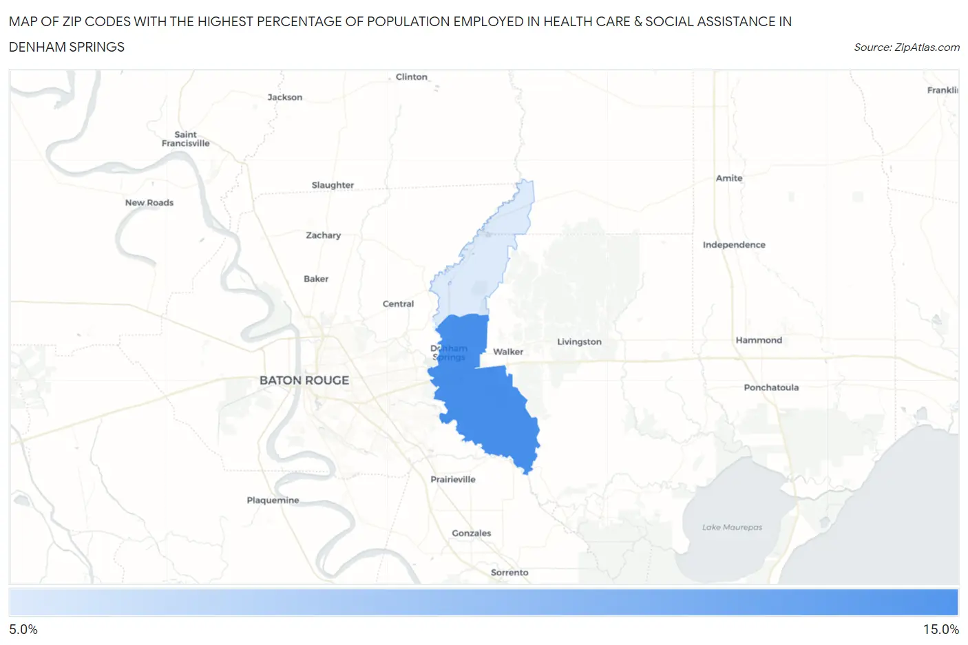 Zip Codes with the Highest Percentage of Population Employed in Health Care & Social Assistance in Denham Springs Map