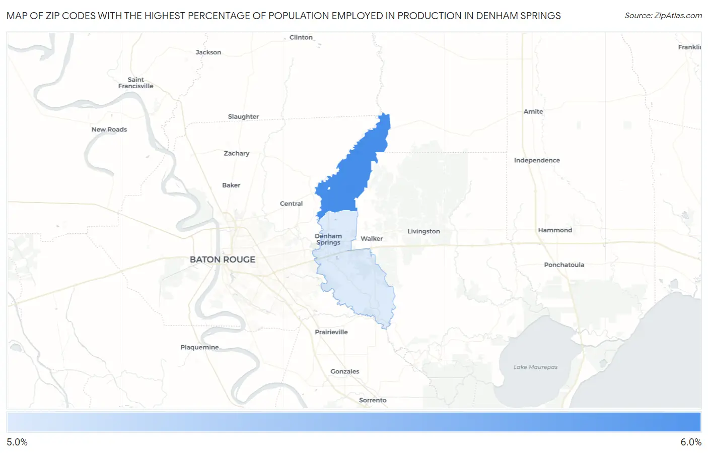 Zip Codes with the Highest Percentage of Population Employed in Production in Denham Springs Map