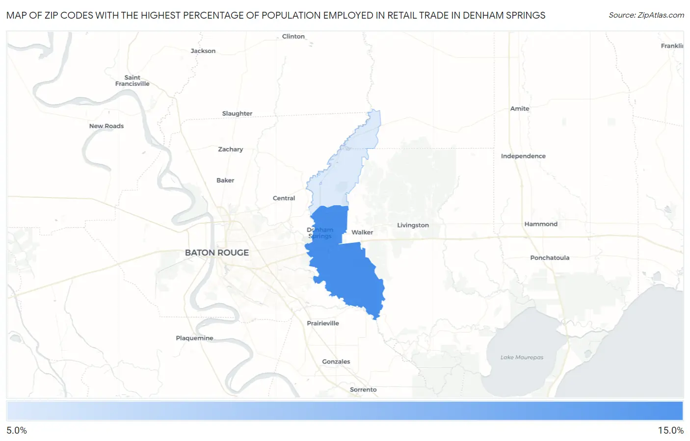 Zip Codes with the Highest Percentage of Population Employed in Retail Trade in Denham Springs Map