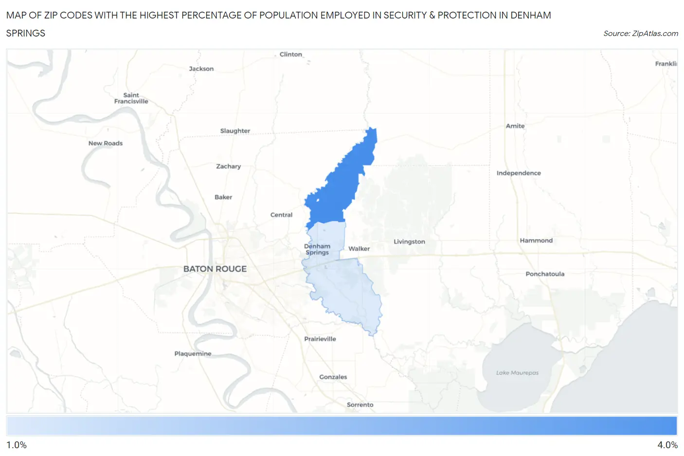 Zip Codes with the Highest Percentage of Population Employed in Security & Protection in Denham Springs Map