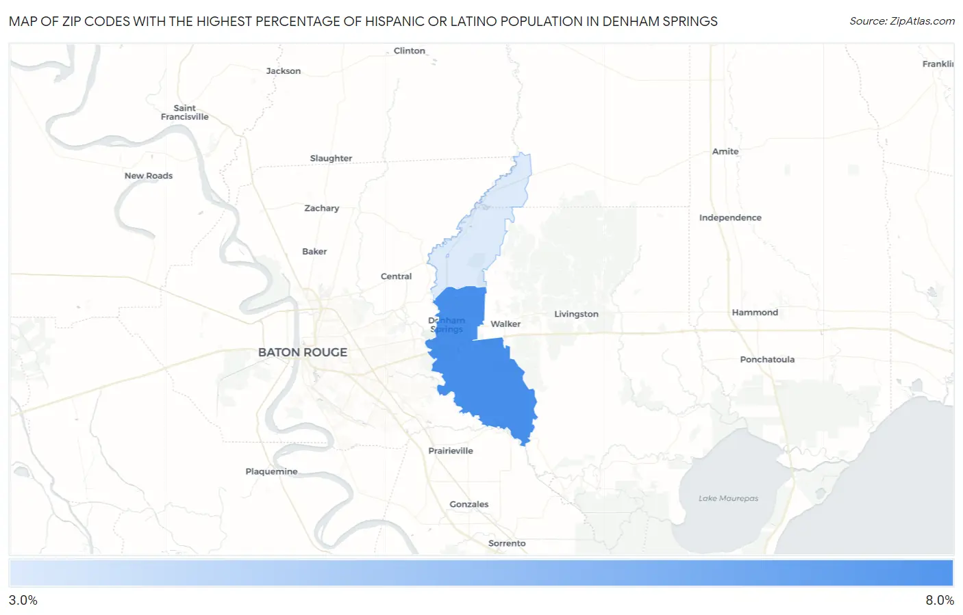 Zip Codes with the Highest Percentage of Hispanic or Latino Population in Denham Springs Map