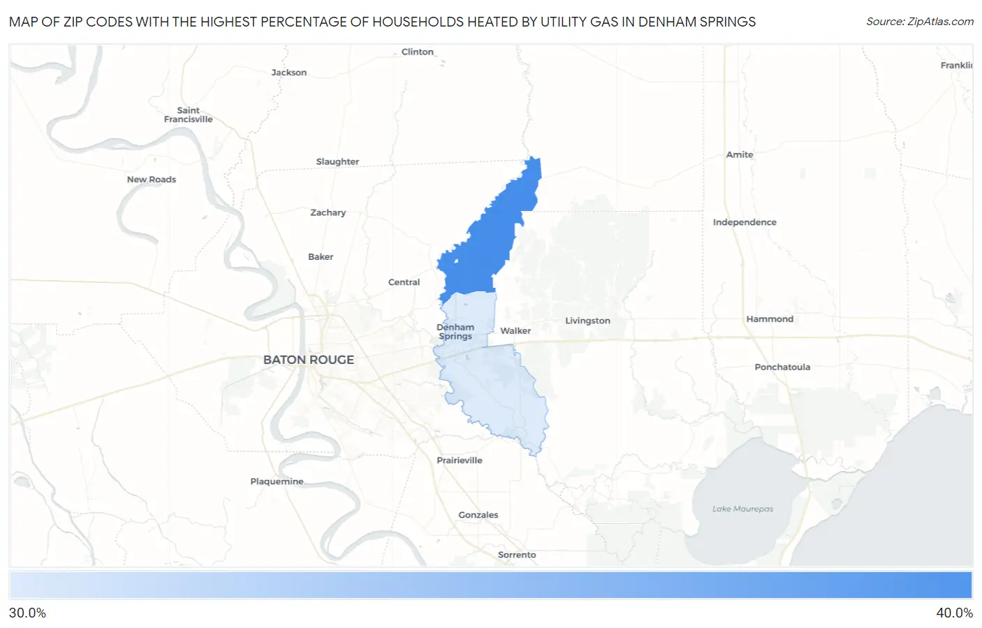Zip Codes with the Highest Percentage of Households Heated by Utility Gas in Denham Springs Map