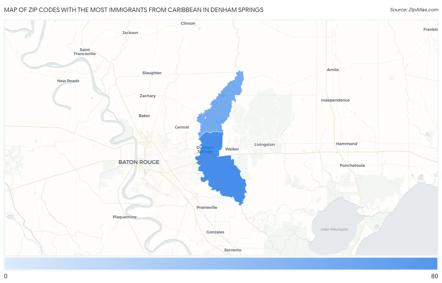 Zip Codes with the Most Immigrants from Caribbean in Denham Springs Map