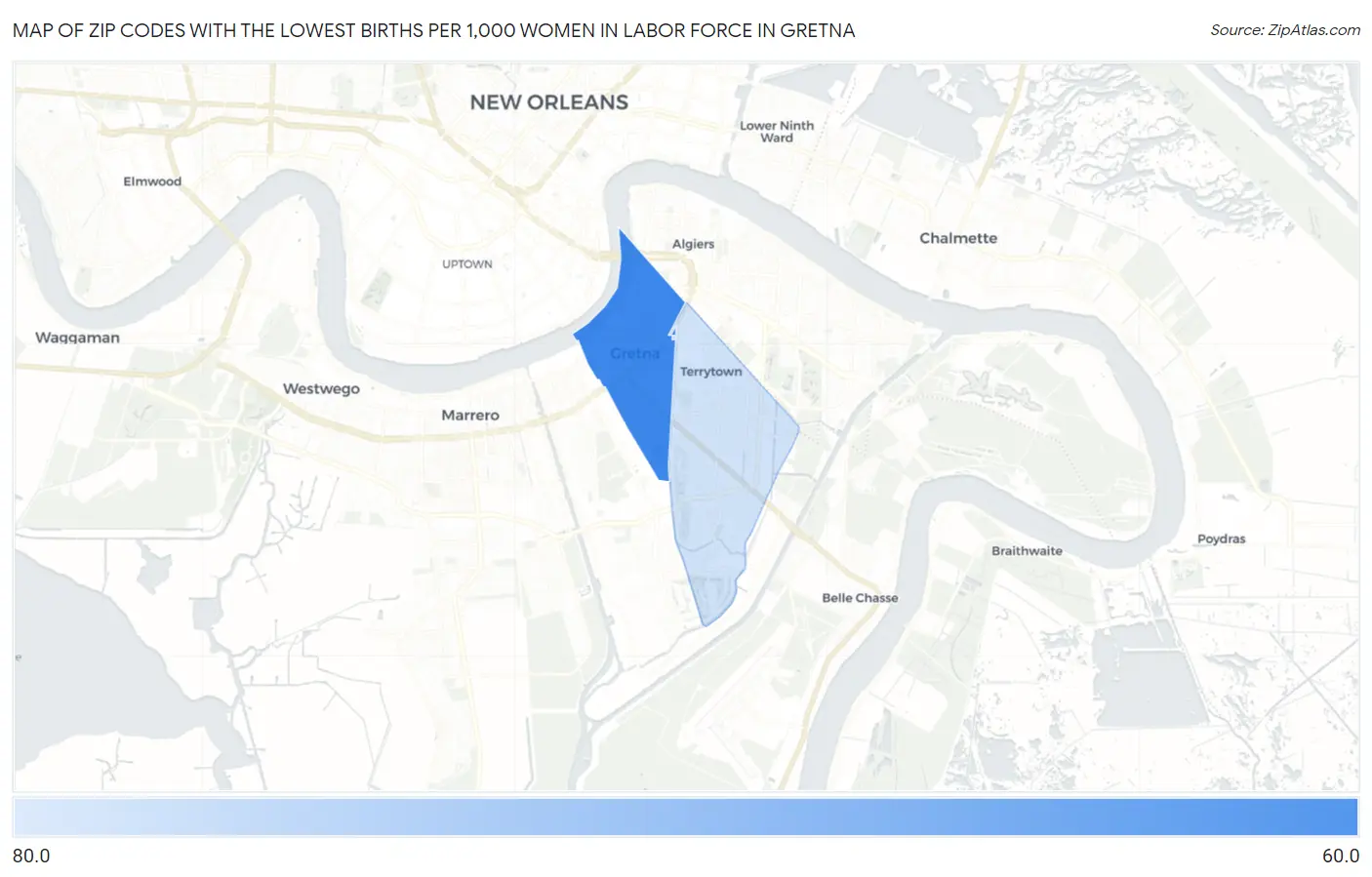 Zip Codes with the Lowest Births per 1,000 Women in Labor Force in Gretna Map