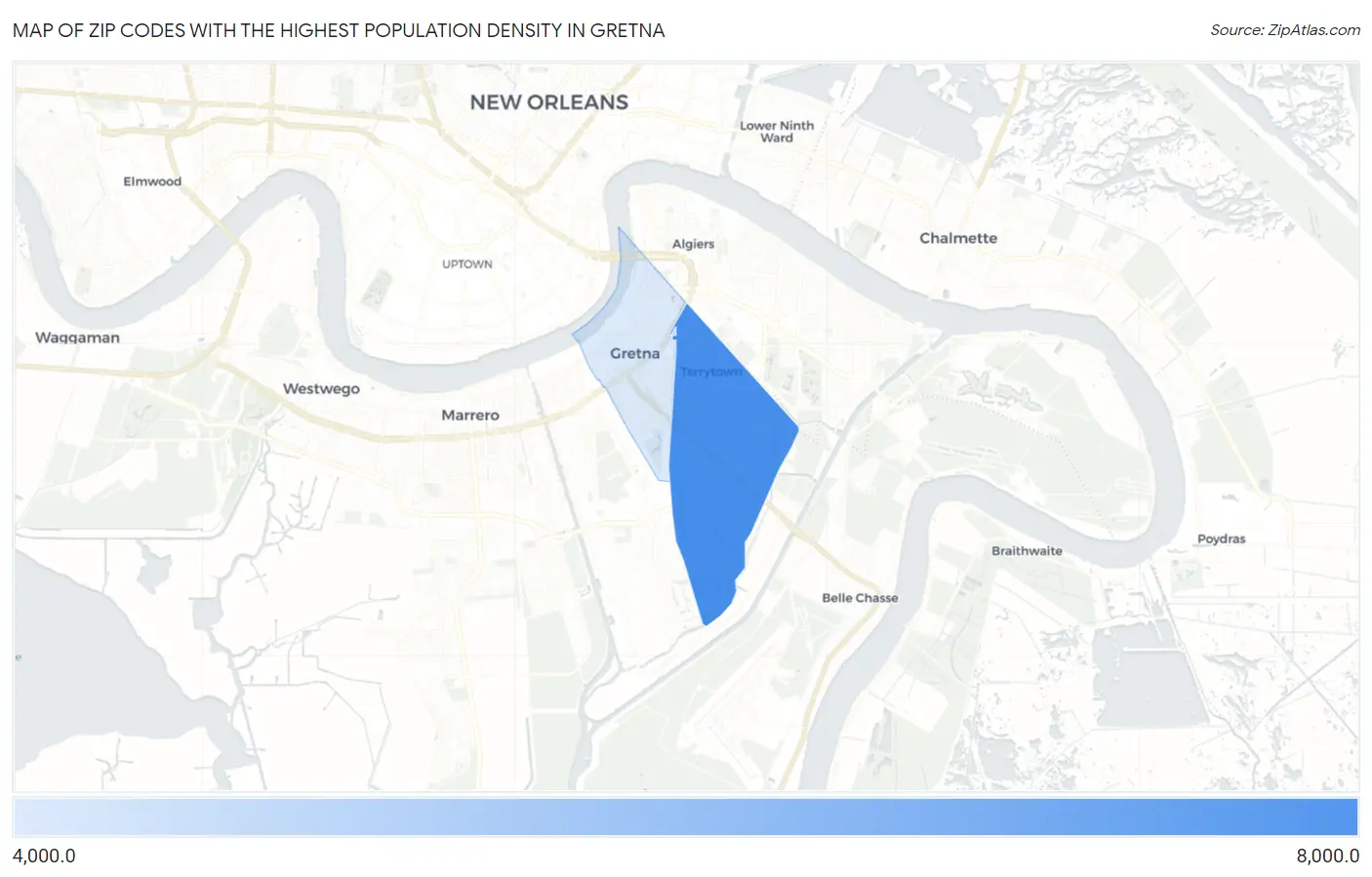 Zip Codes with the Highest Population Density in Gretna Map