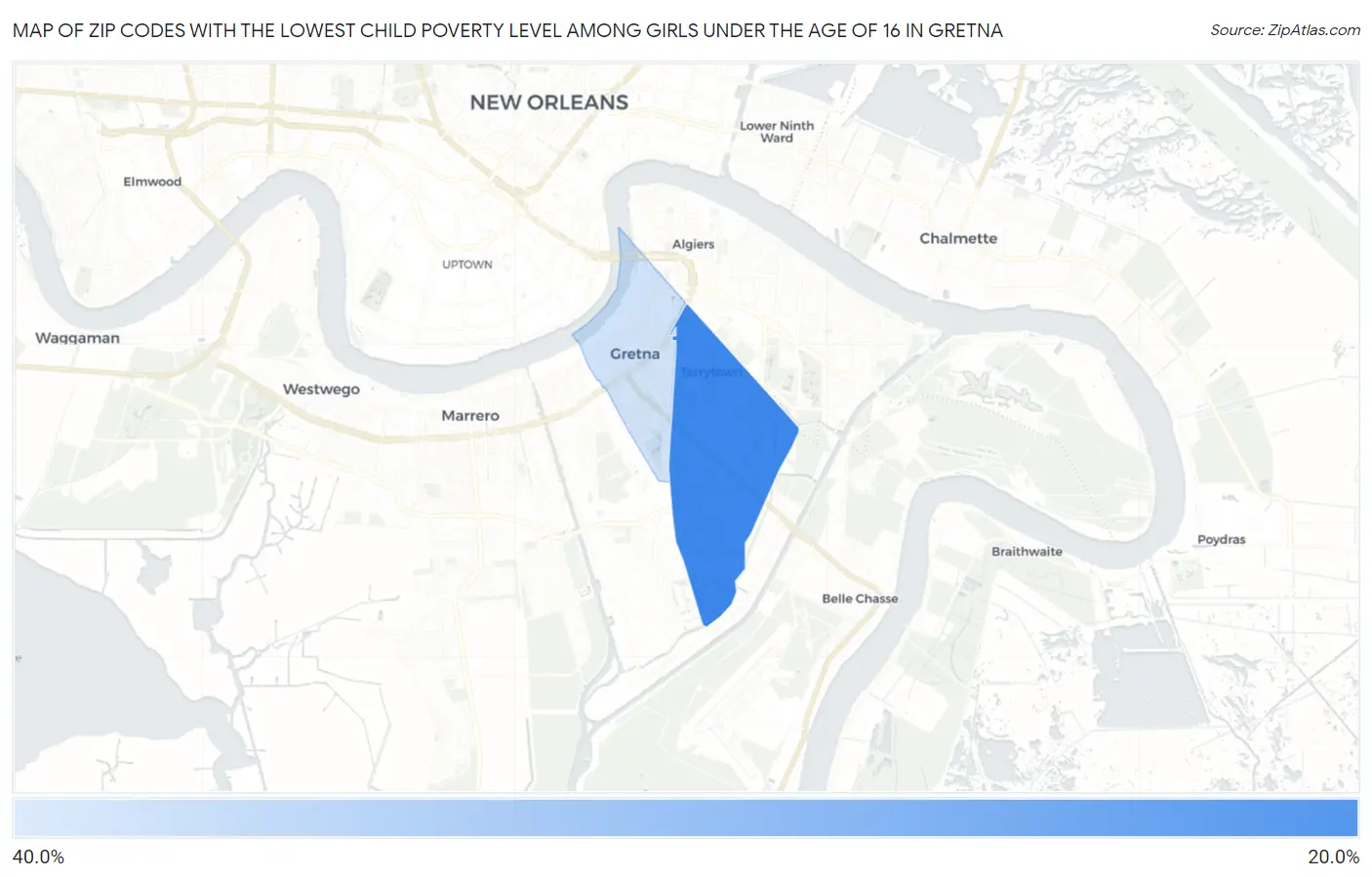 Zip Codes with the Lowest Child Poverty Level Among Girls Under the Age of 16 in Gretna Map