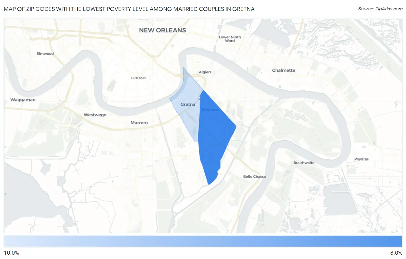 Zip Codes with the Lowest Poverty Level Among Married Couples in Gretna Map