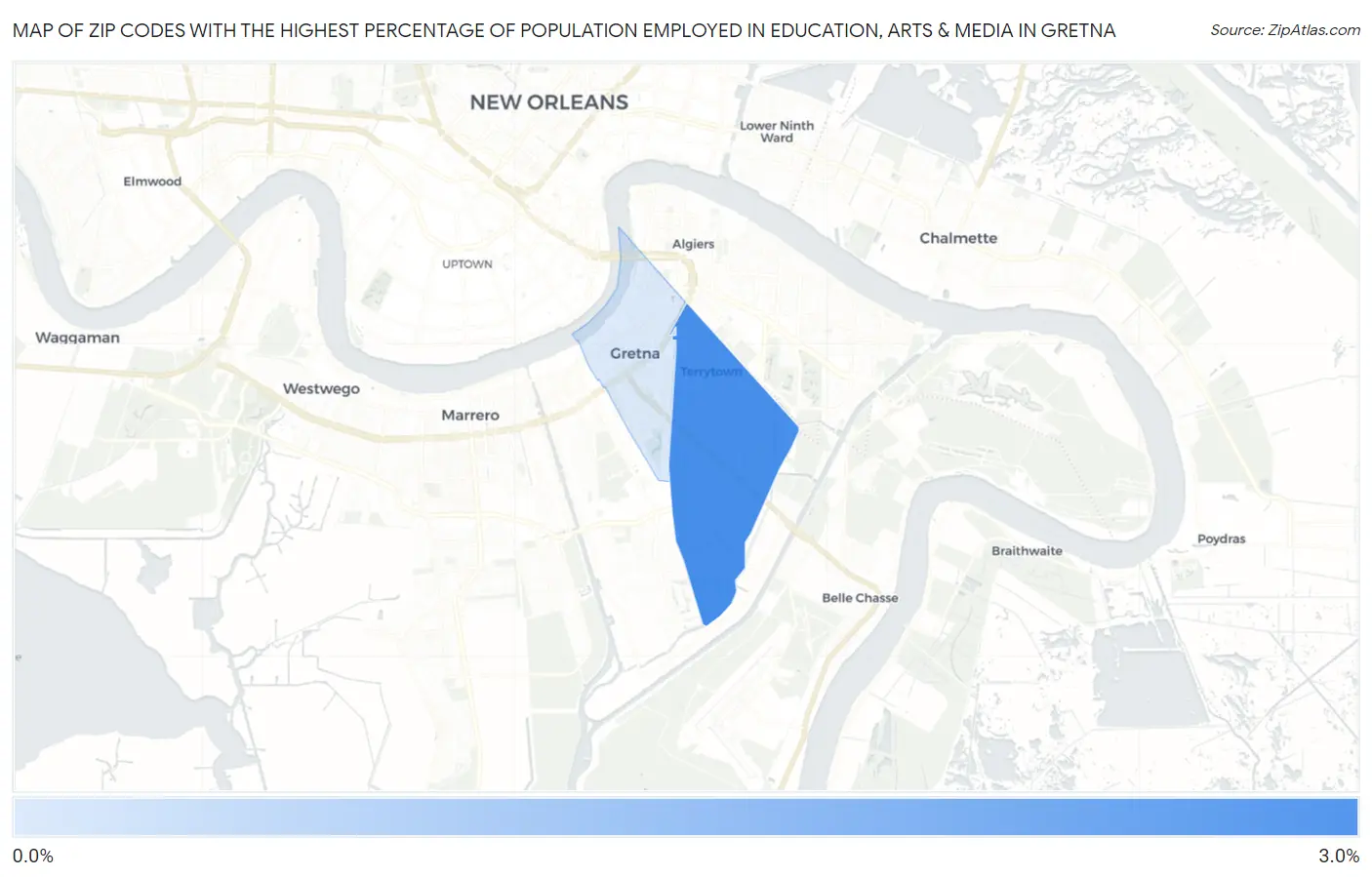 Zip Codes with the Highest Percentage of Population Employed in Education, Arts & Media in Gretna Map