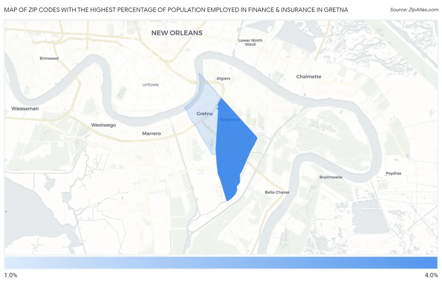 Zip Codes with the Highest Percentage of Population Employed in Finance & Insurance in Gretna Map