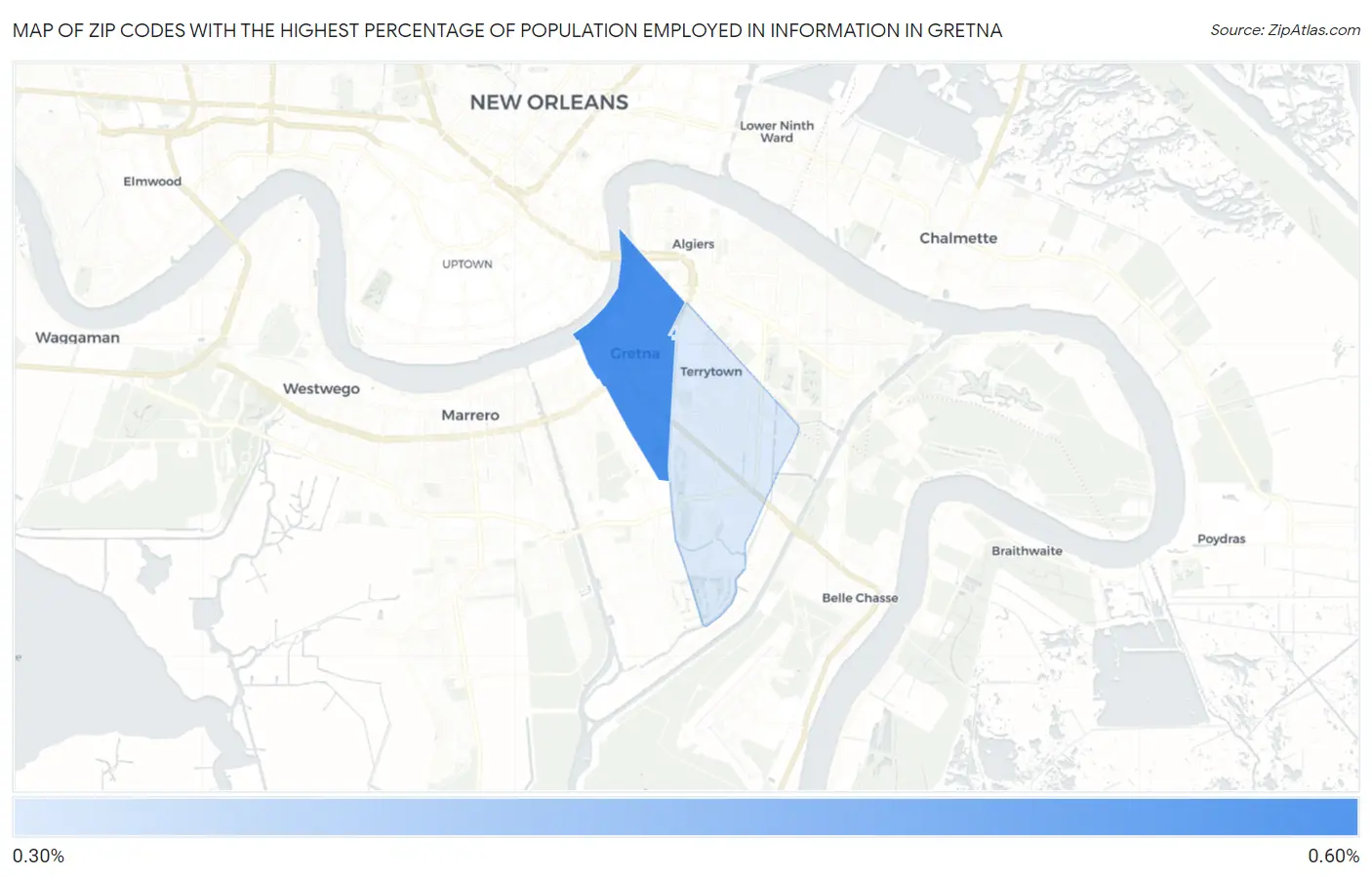 Zip Codes with the Highest Percentage of Population Employed in Information in Gretna Map