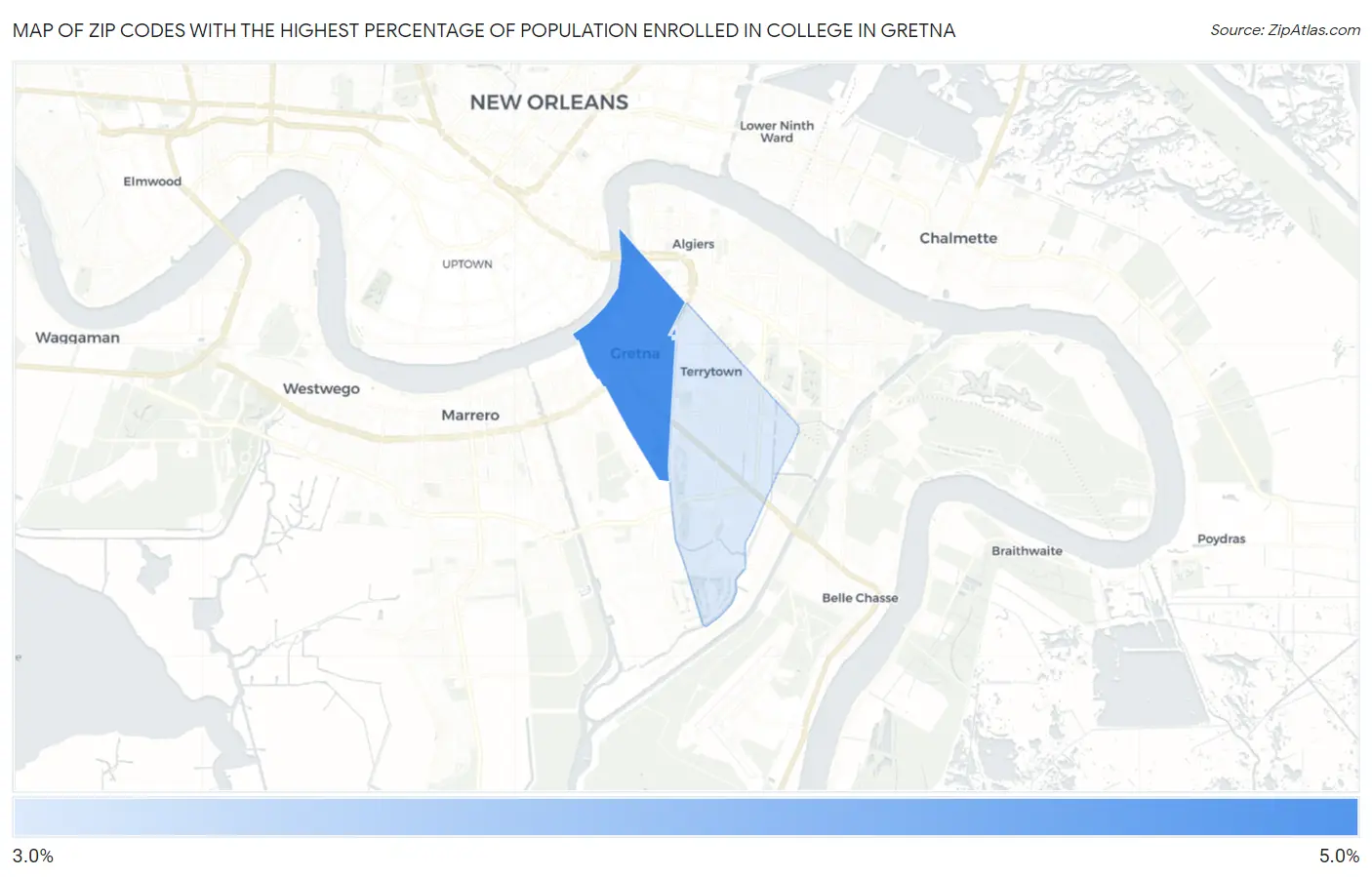 Zip Codes with the Highest Percentage of Population Enrolled in College in Gretna Map