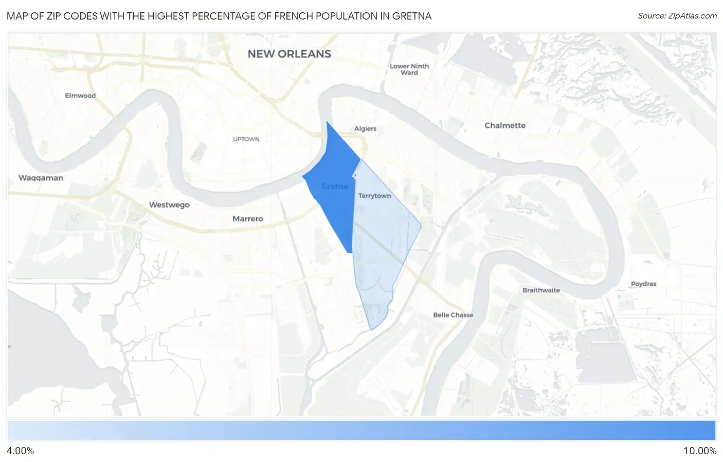 Zip Codes with the Highest Percentage of French Population in Gretna Map