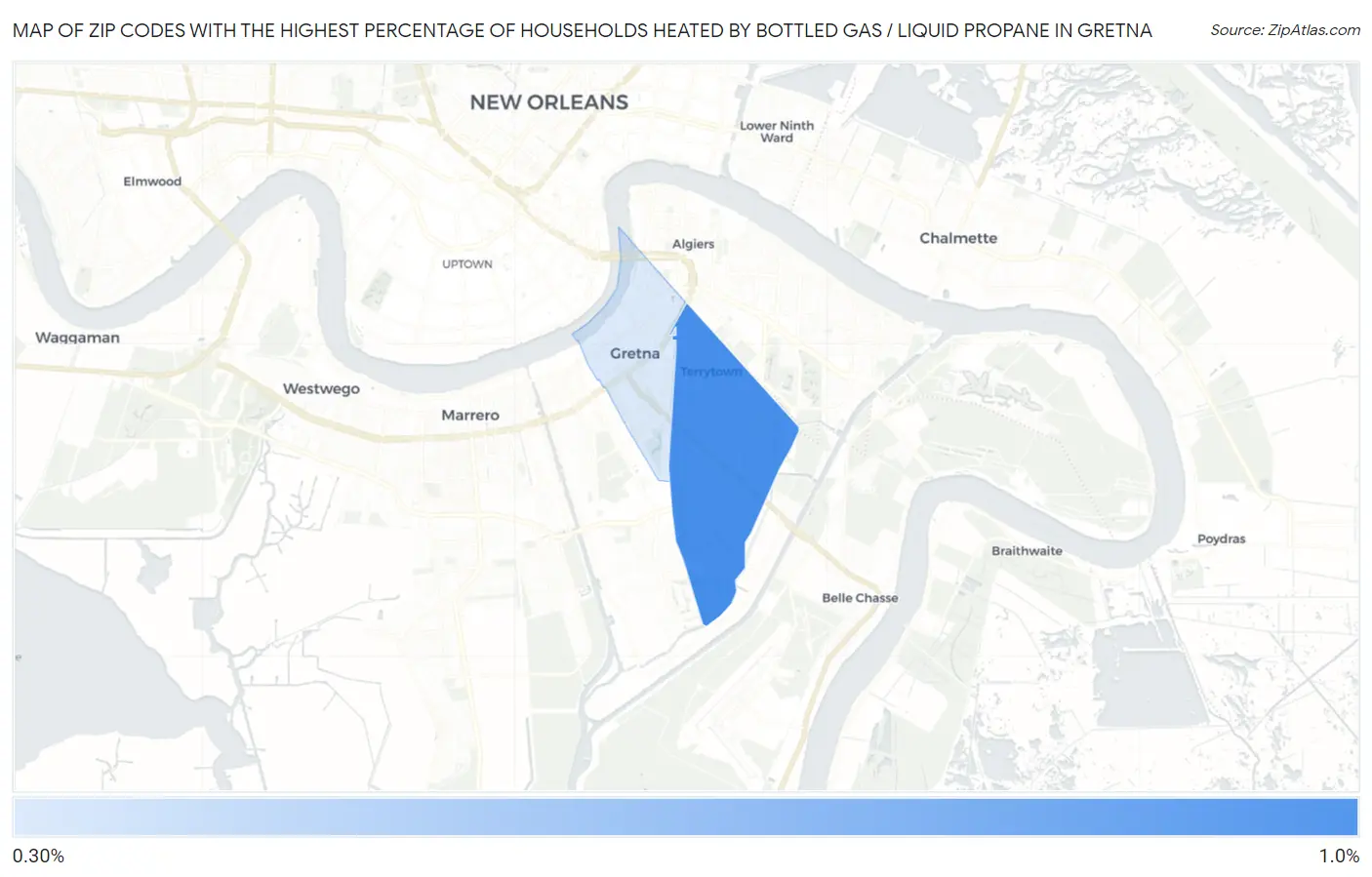 Zip Codes with the Highest Percentage of Households Heated by Bottled Gas / Liquid Propane in Gretna Map