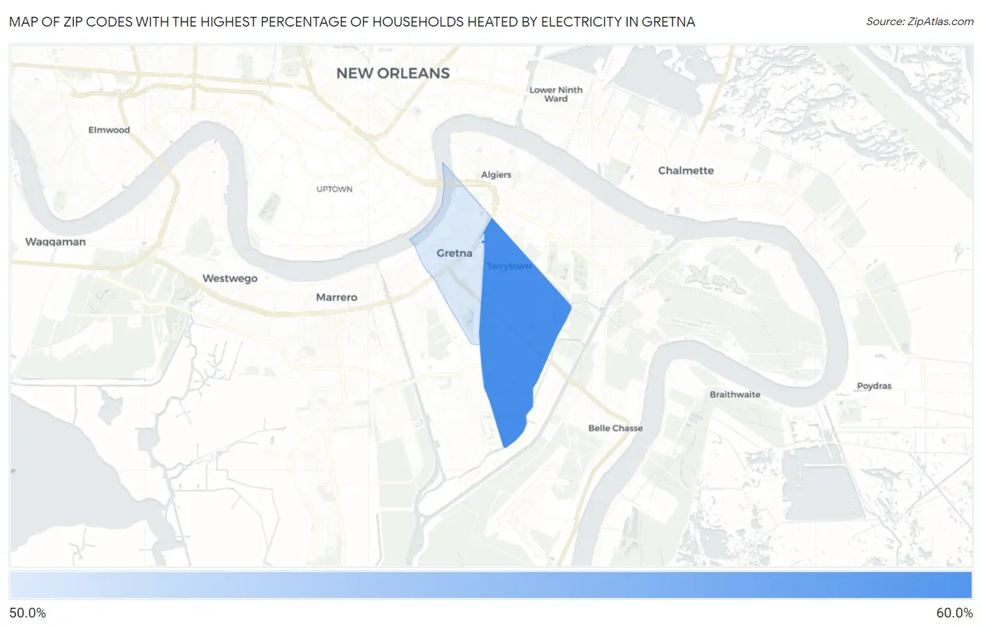 Zip Codes with the Highest Percentage of Households Heated by Electricity in Gretna Map