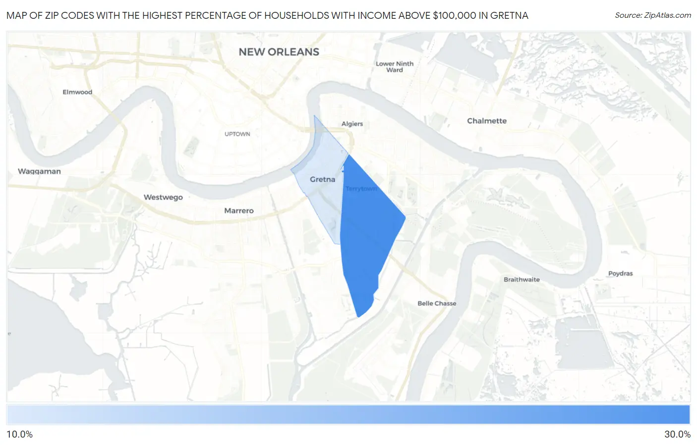 Zip Codes with the Highest Percentage of Households with Income Above $100,000 in Gretna Map