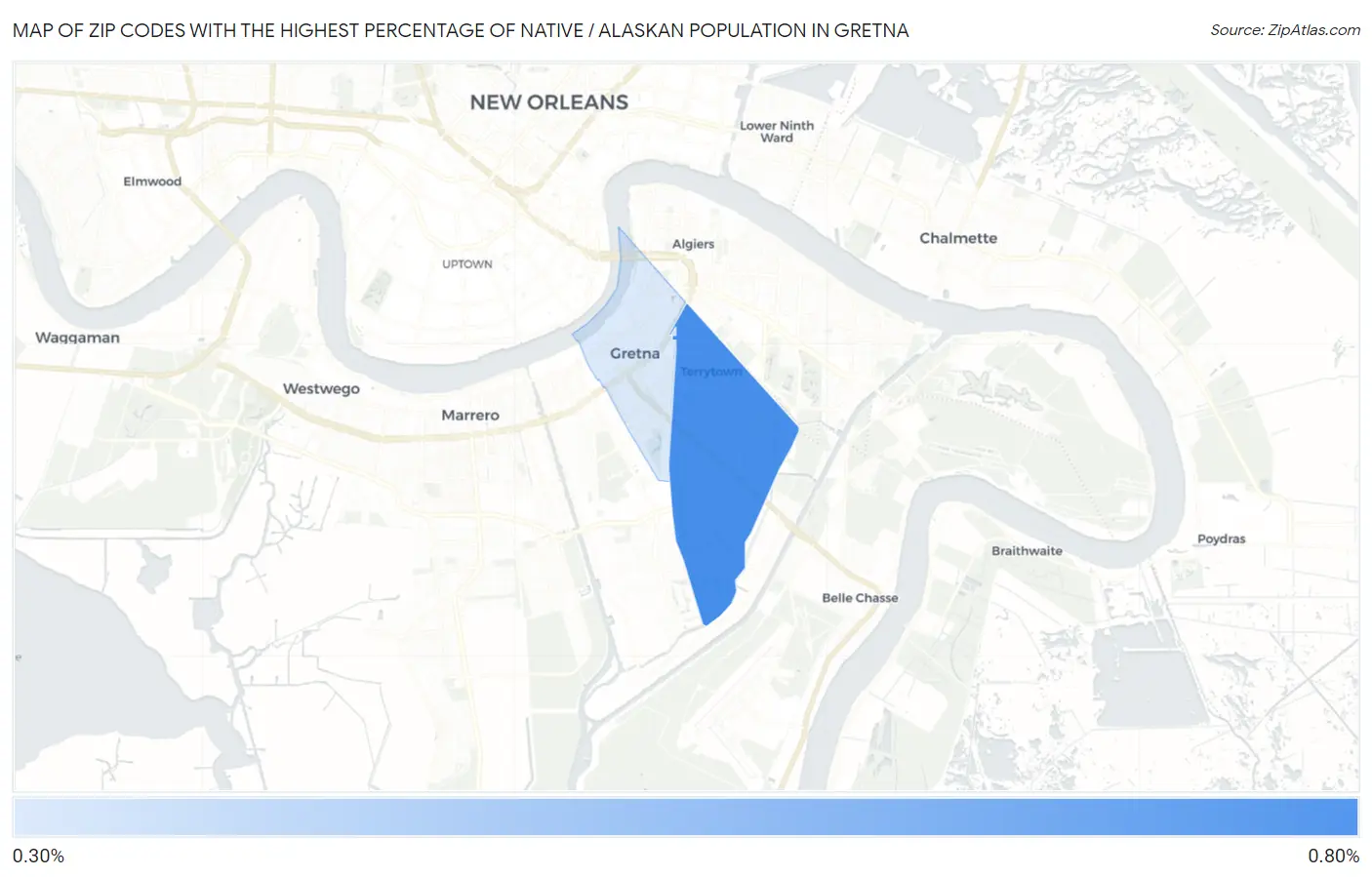 Zip Codes with the Highest Percentage of Native / Alaskan Population in Gretna Map