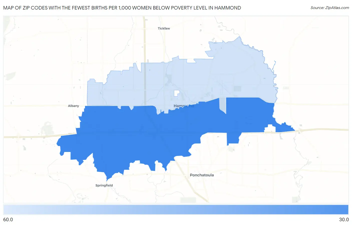Zip Codes with the Fewest Births per 1,000 Women Below Poverty Level in Hammond Map