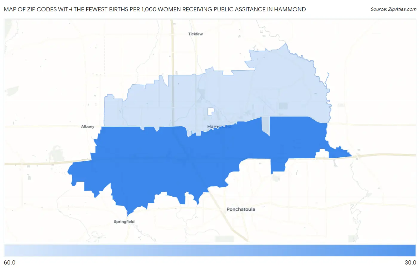Zip Codes with the Fewest Births per 1,000 Women Receiving Public Assitance in Hammond Map