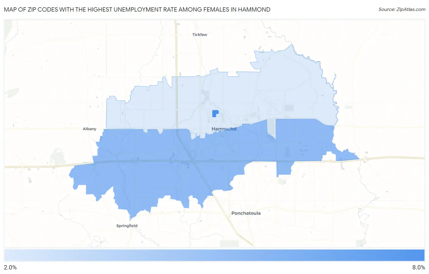 Zip Codes with the Highest Unemployment Rate Among Females in Hammond Map