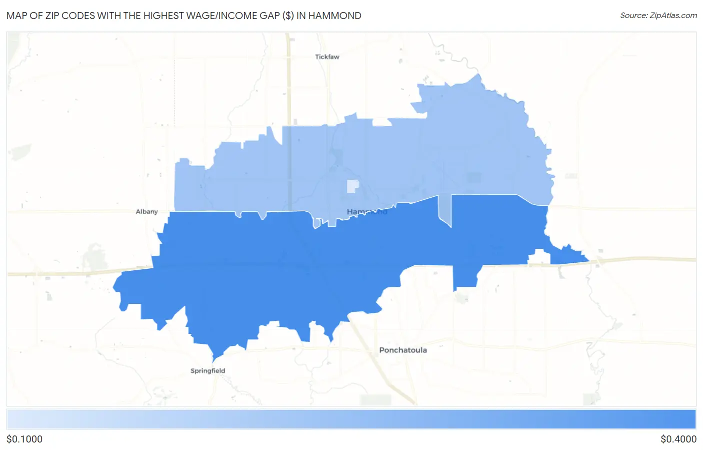 Zip Codes with the Highest Wage/Income Gap ($) in Hammond Map