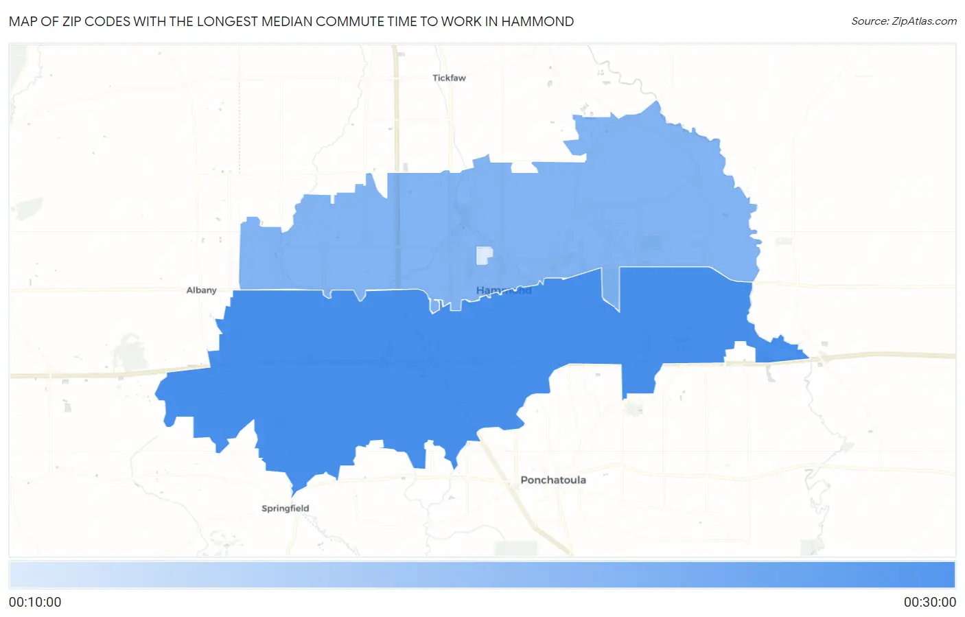 Zip Codes with the Longest Median Commute Time to Work in Hammond Map