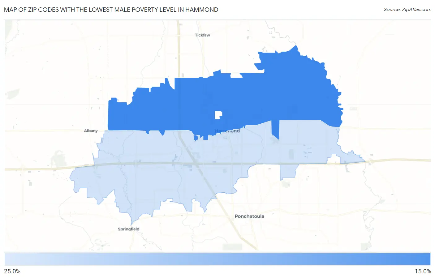 Zip Codes with the Lowest Male Poverty Level in Hammond Map