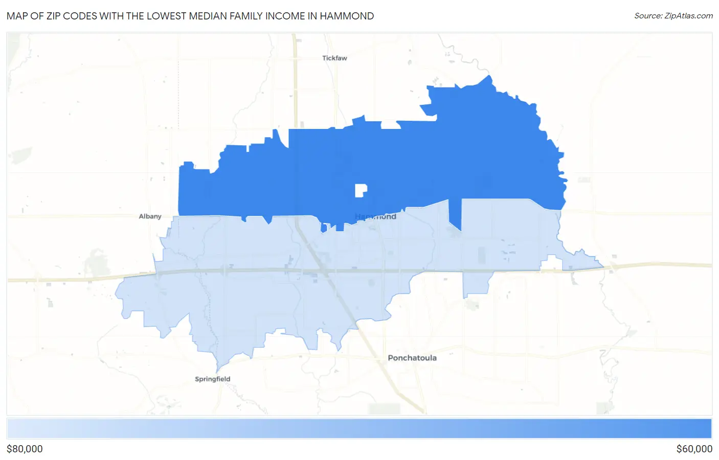 Zip Codes with the Lowest Median Family Income in Hammond Map