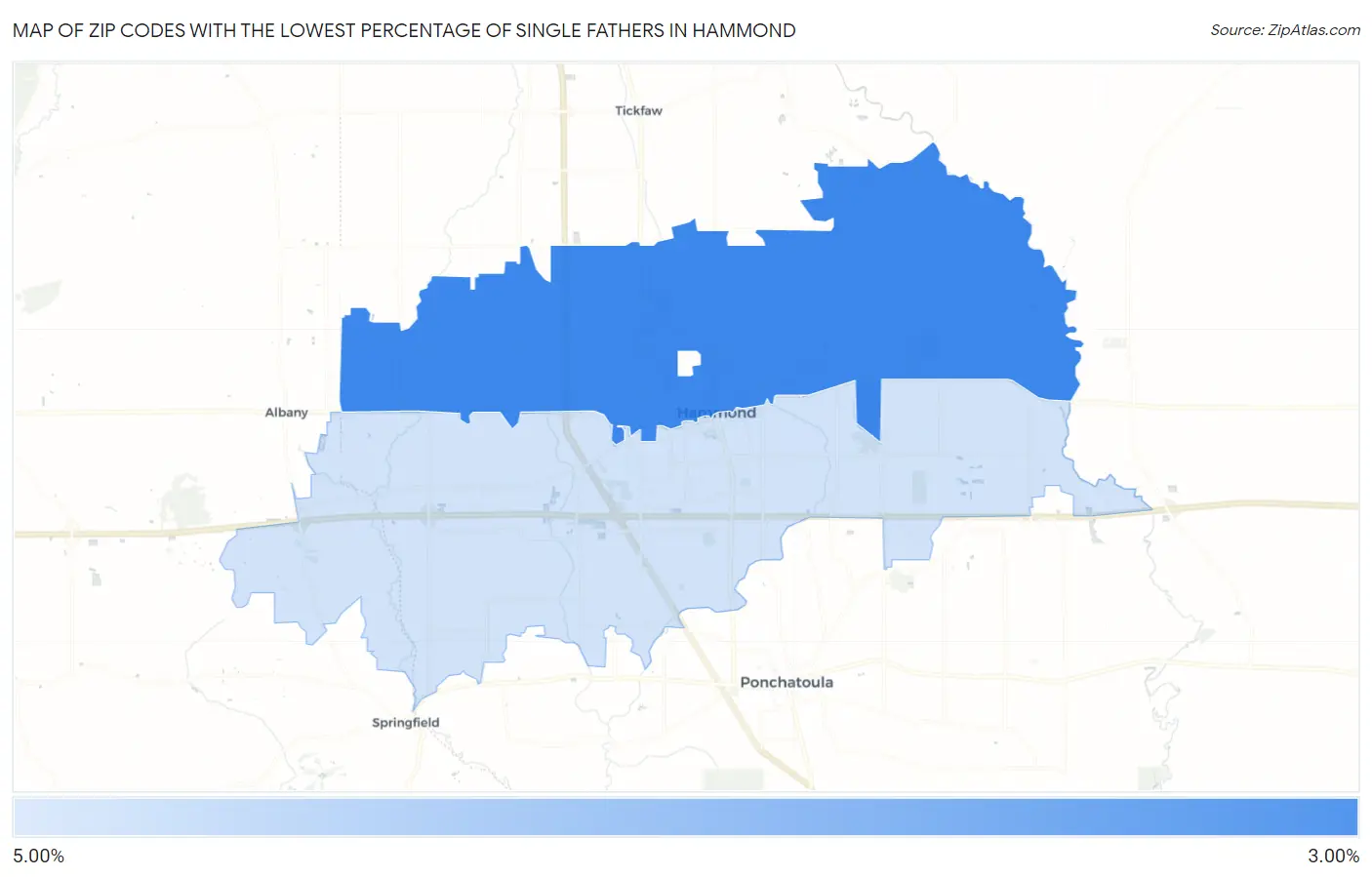 Zip Codes with the Lowest Percentage of Single Fathers in Hammond Map