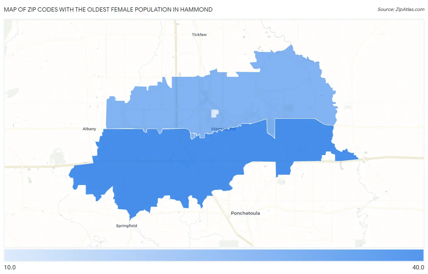 Zip Codes with the Oldest Female Population in Hammond Map