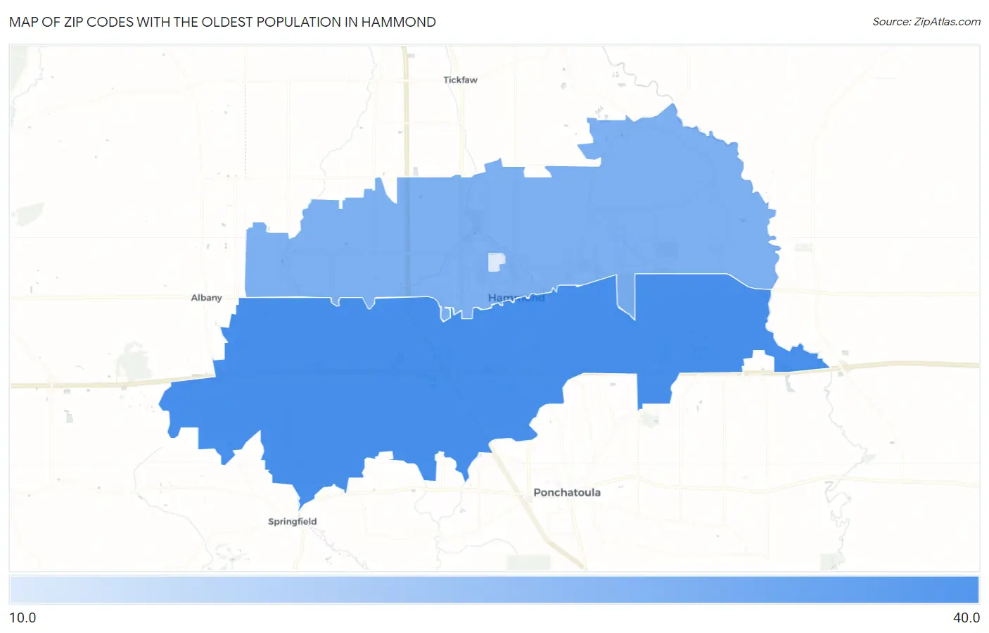 Zip Codes with the Oldest Population in Hammond Map