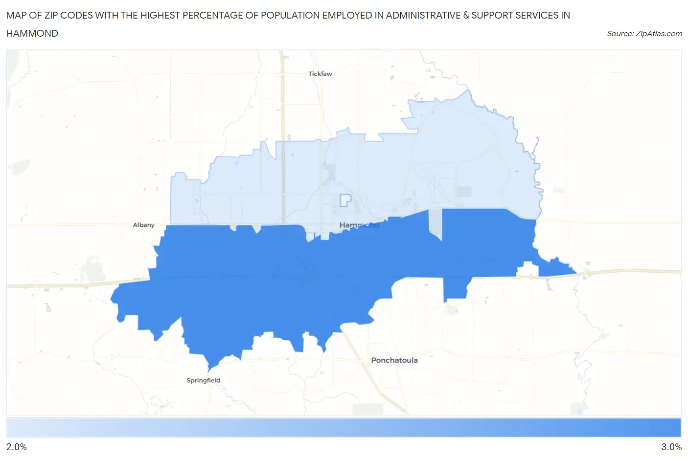 Zip Codes with the Highest Percentage of Population Employed in Administrative & Support Services in Hammond Map