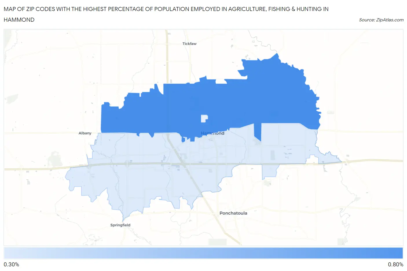 Zip Codes with the Highest Percentage of Population Employed in Agriculture, Fishing & Hunting in Hammond Map