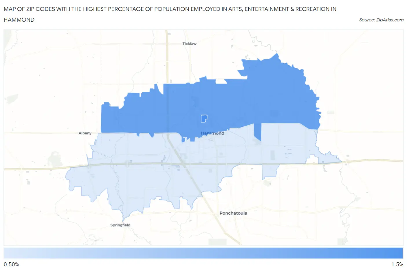 Zip Codes with the Highest Percentage of Population Employed in Arts, Entertainment & Recreation in Hammond Map