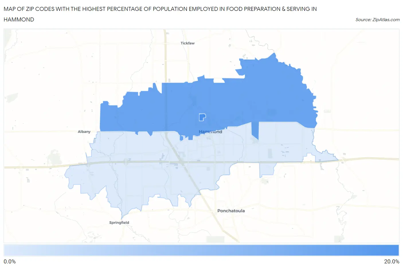 Zip Codes with the Highest Percentage of Population Employed in Food Preparation & Serving in Hammond Map
