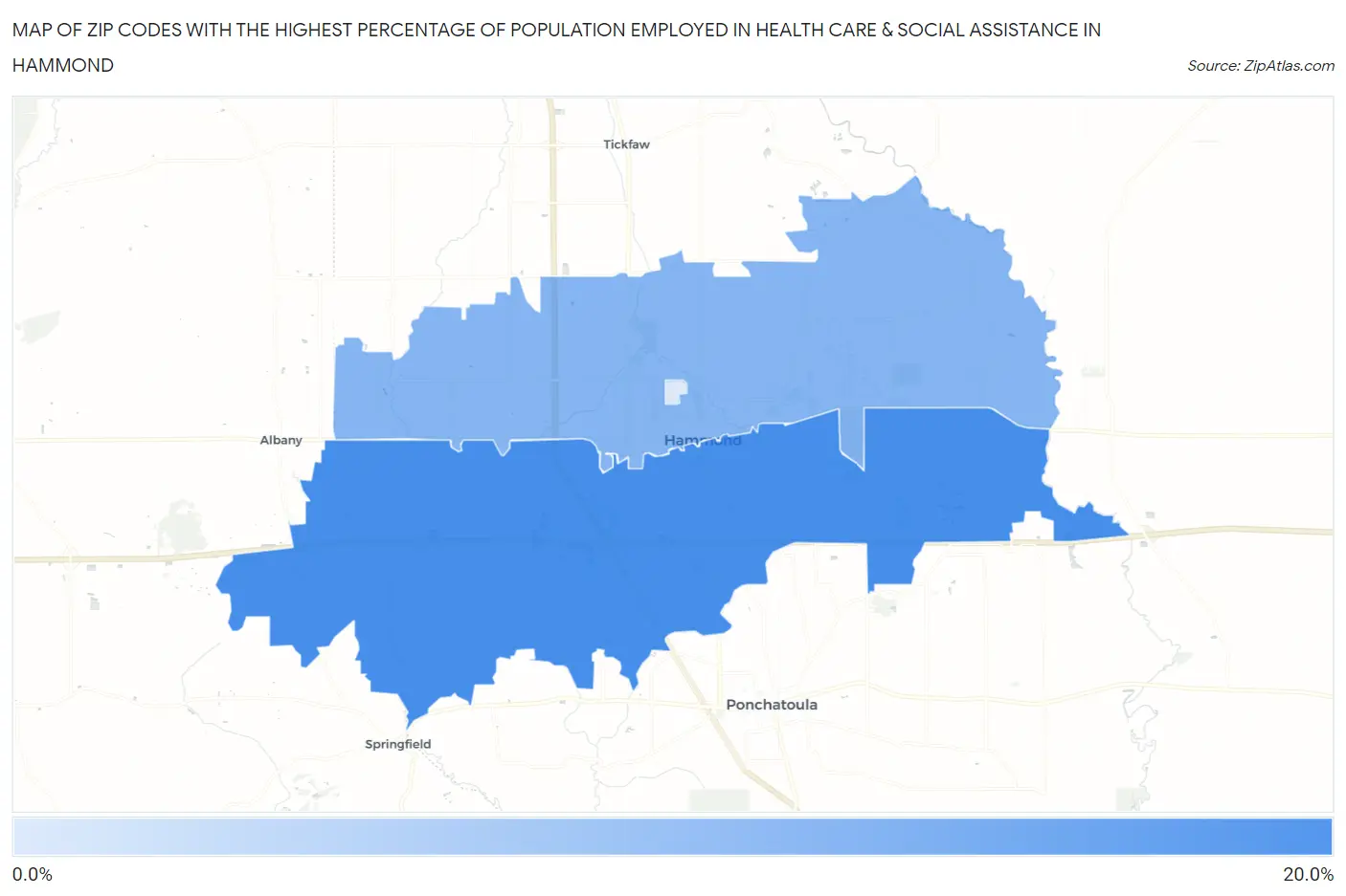 Zip Codes with the Highest Percentage of Population Employed in Health Care & Social Assistance in Hammond Map