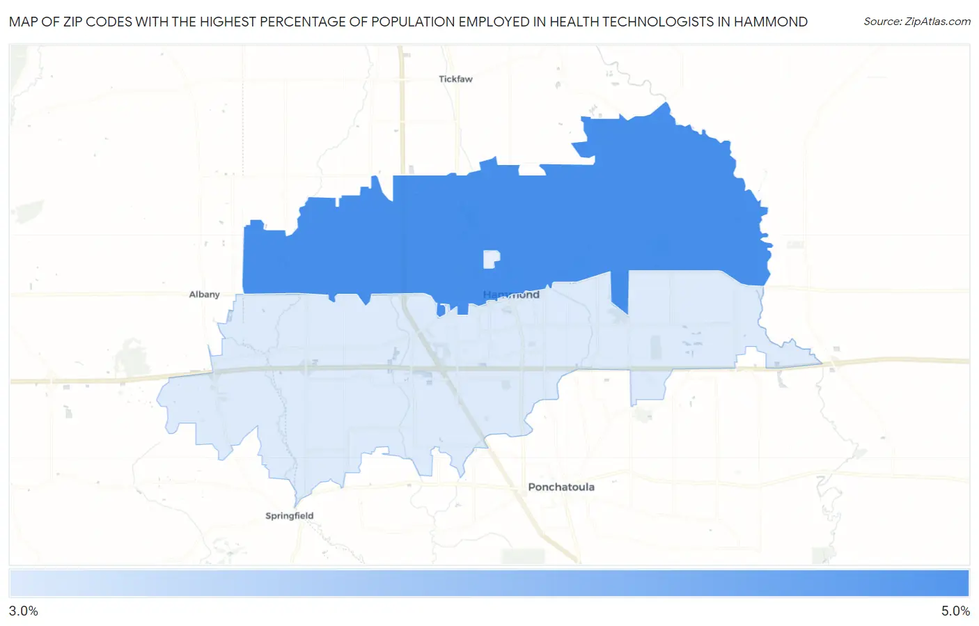 Zip Codes with the Highest Percentage of Population Employed in Health Technologists in Hammond Map