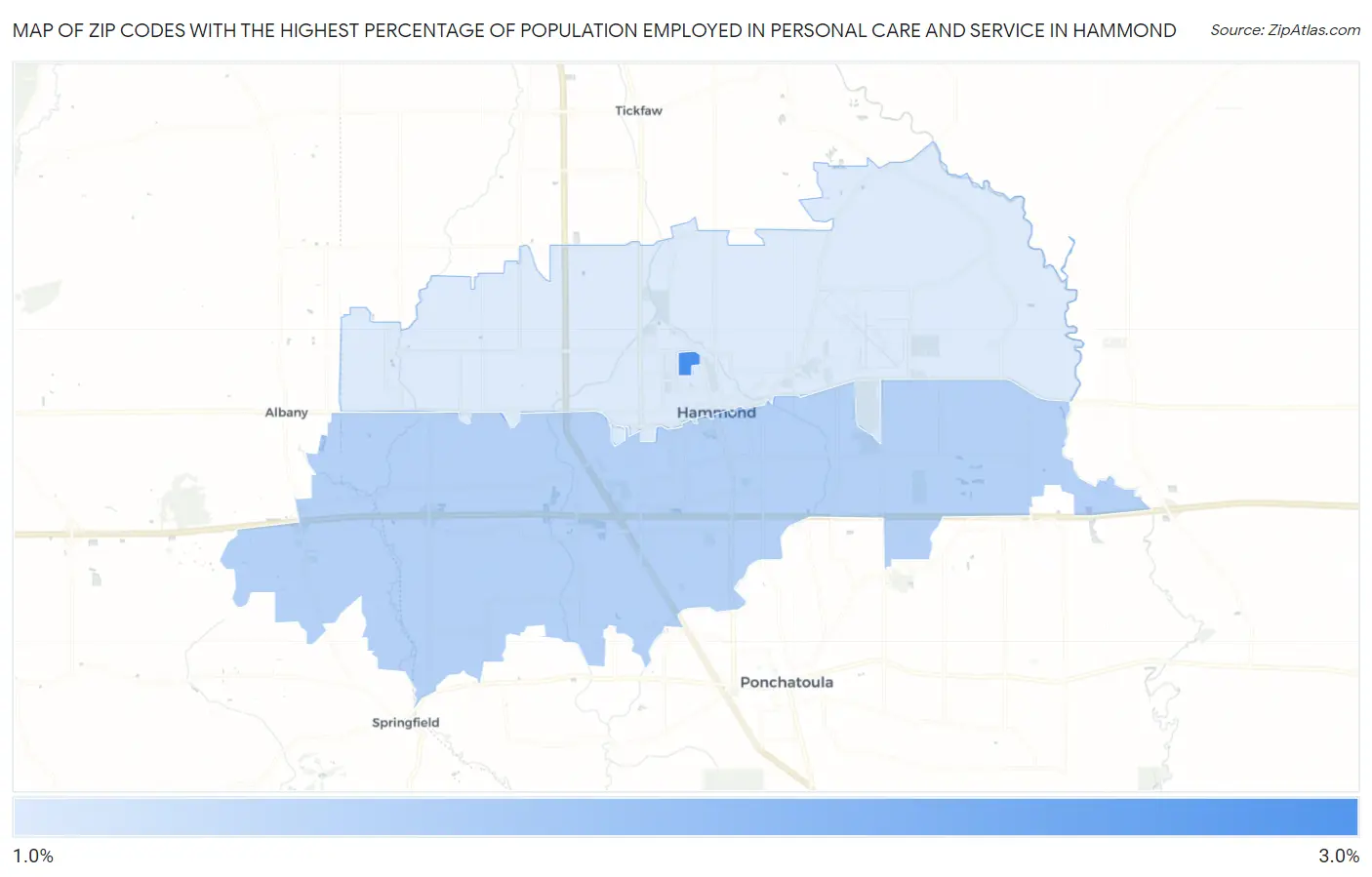 Zip Codes with the Highest Percentage of Population Employed in Personal Care and Service in Hammond Map