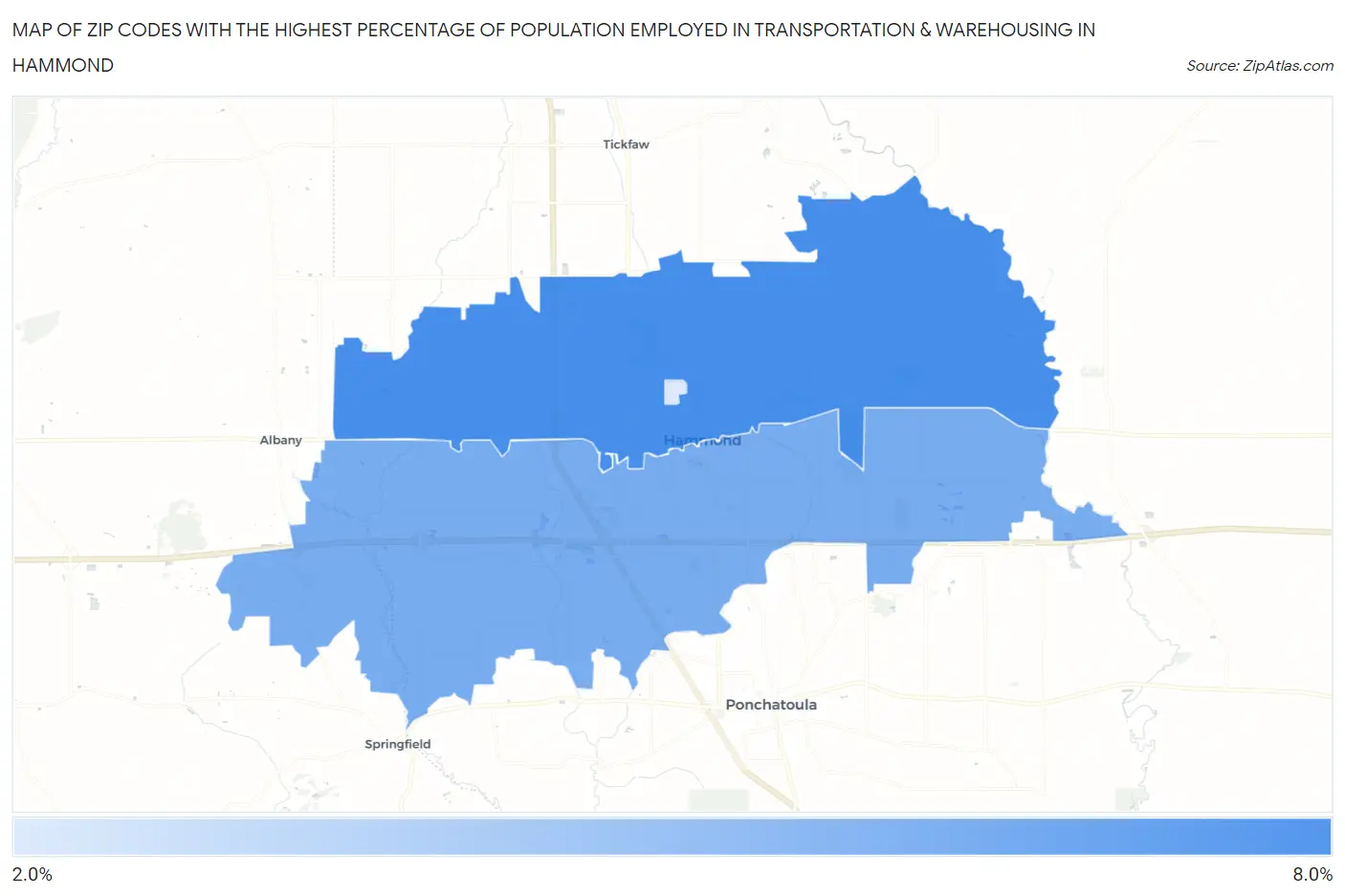 Zip Codes with the Highest Percentage of Population Employed in Transportation & Warehousing in Hammond Map