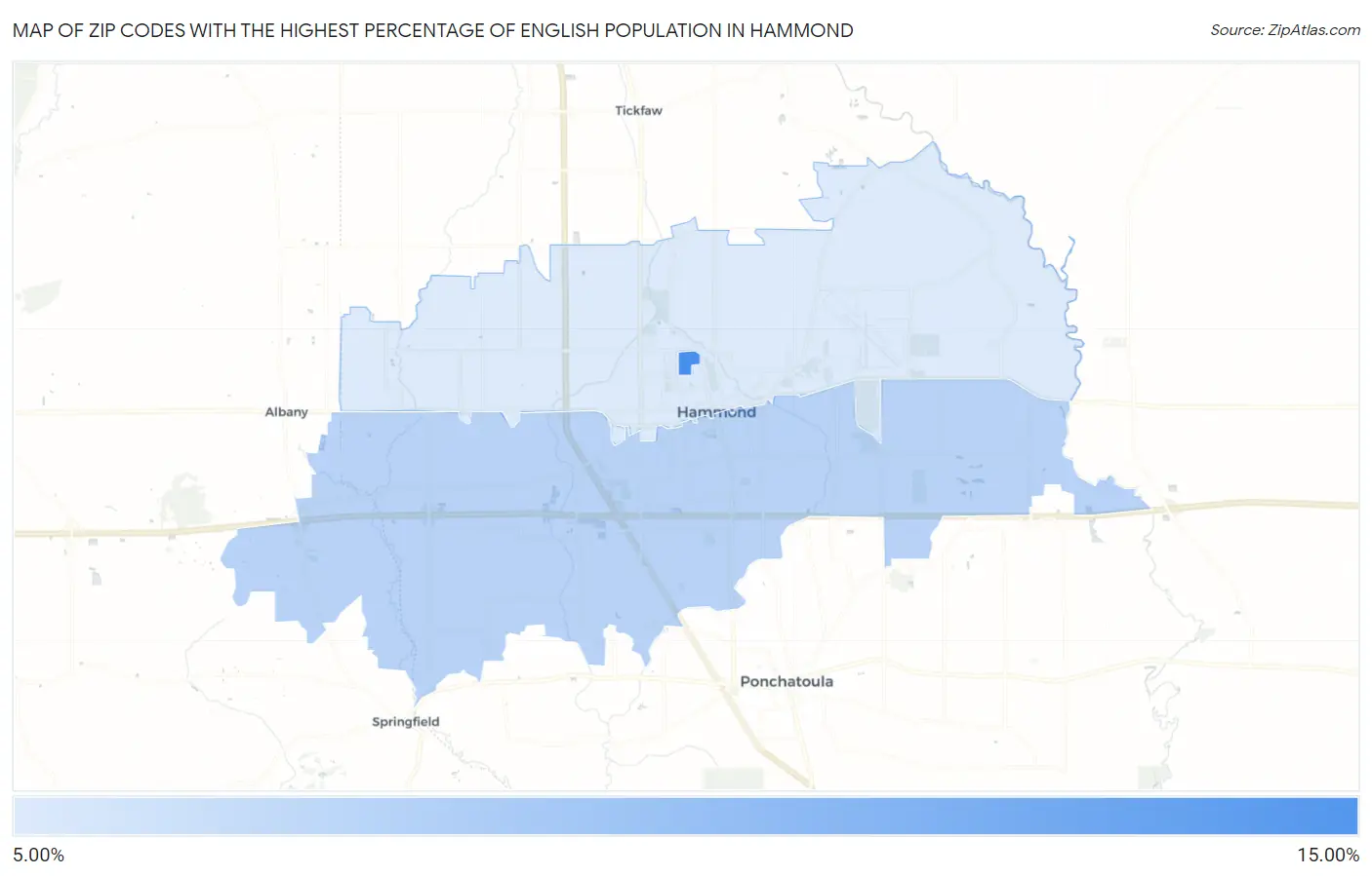 Zip Codes with the Highest Percentage of English Population in Hammond Map
