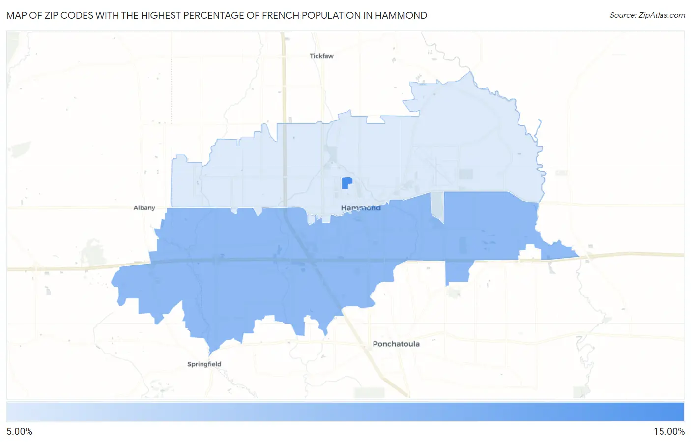 Zip Codes with the Highest Percentage of French Population in Hammond Map