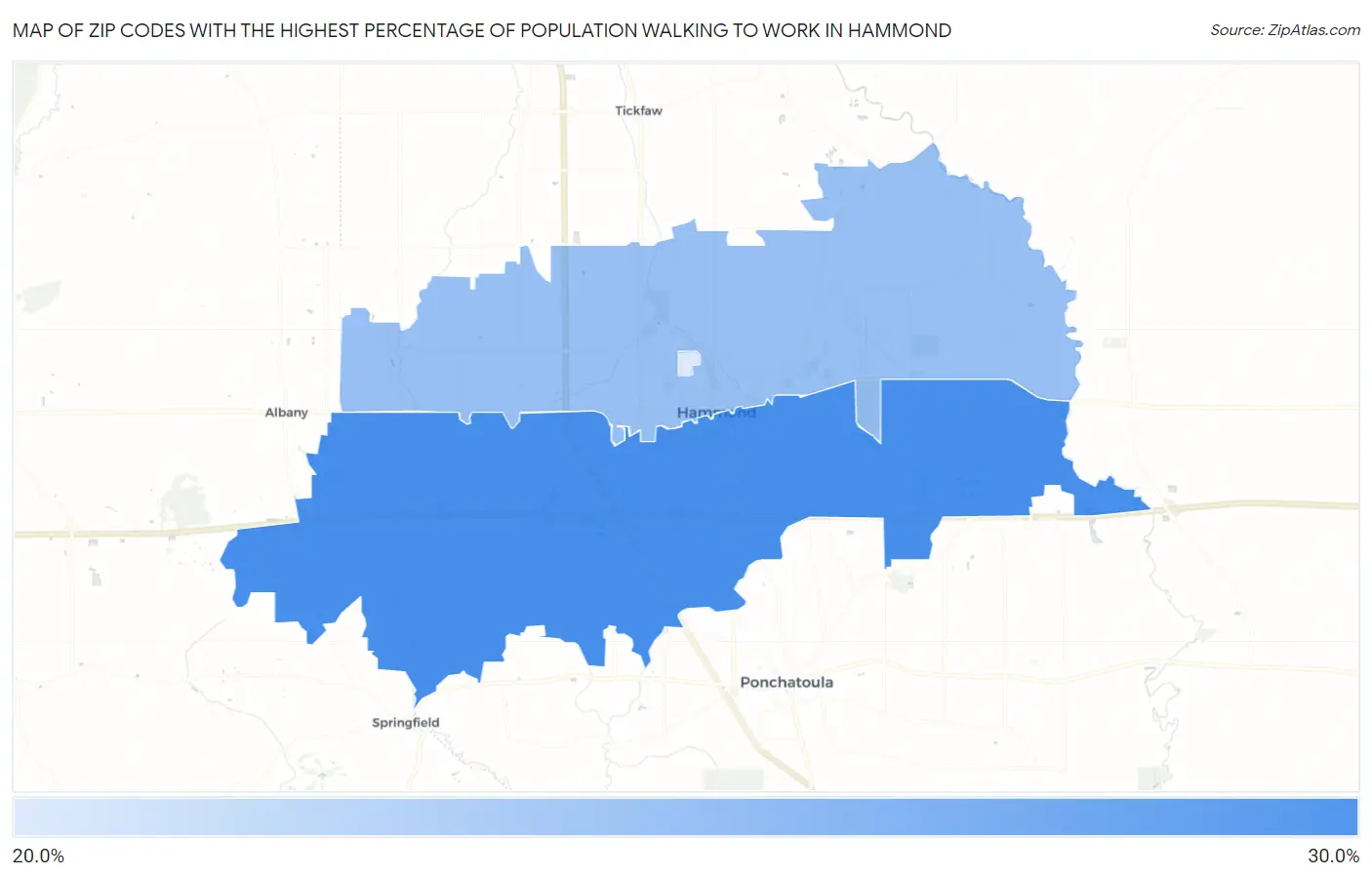 Zip Codes with the Highest Percentage of Population Walking to Work in Hammond Map