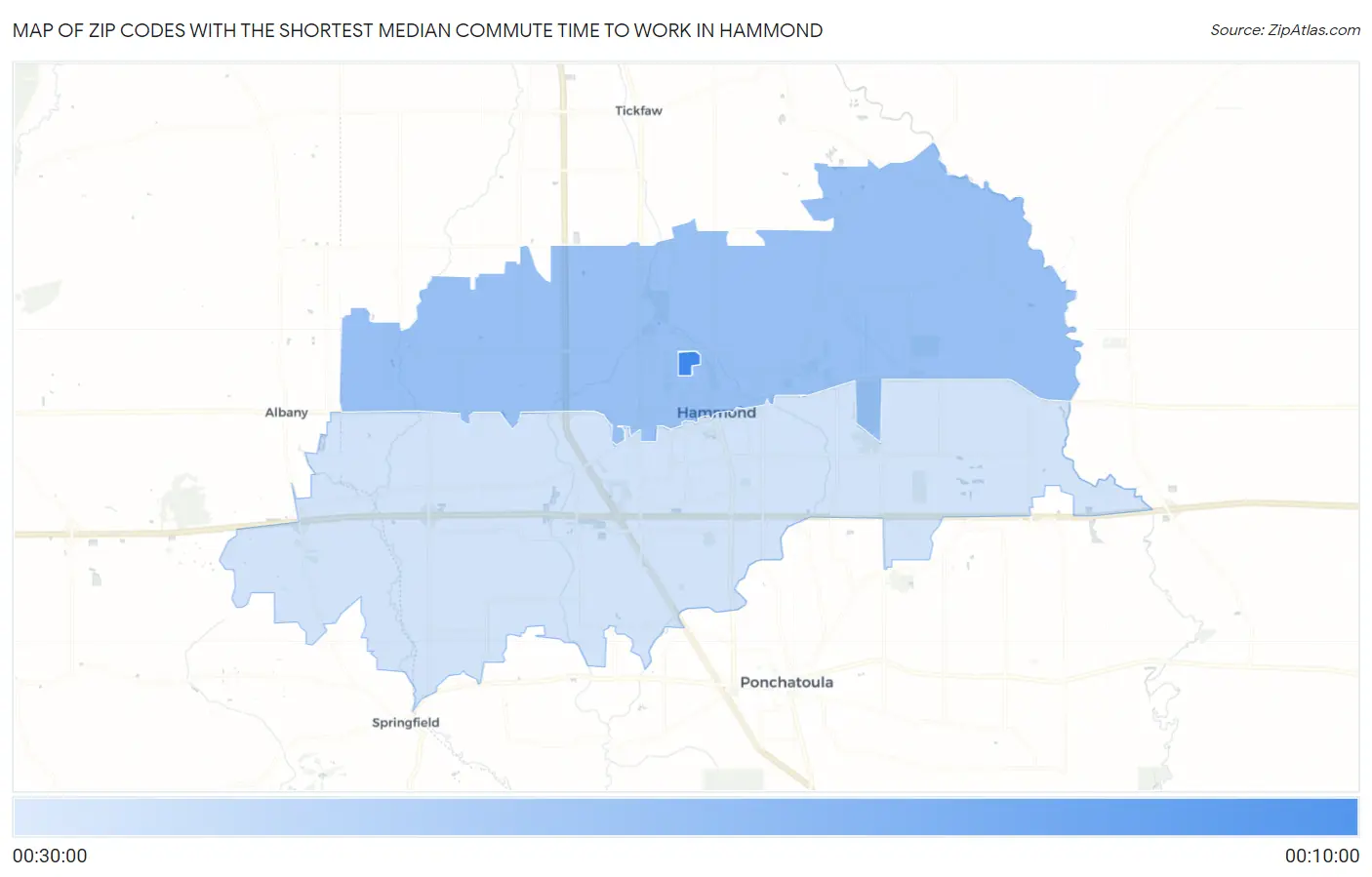 Zip Codes with the Shortest Median Commute Time to Work in Hammond Map