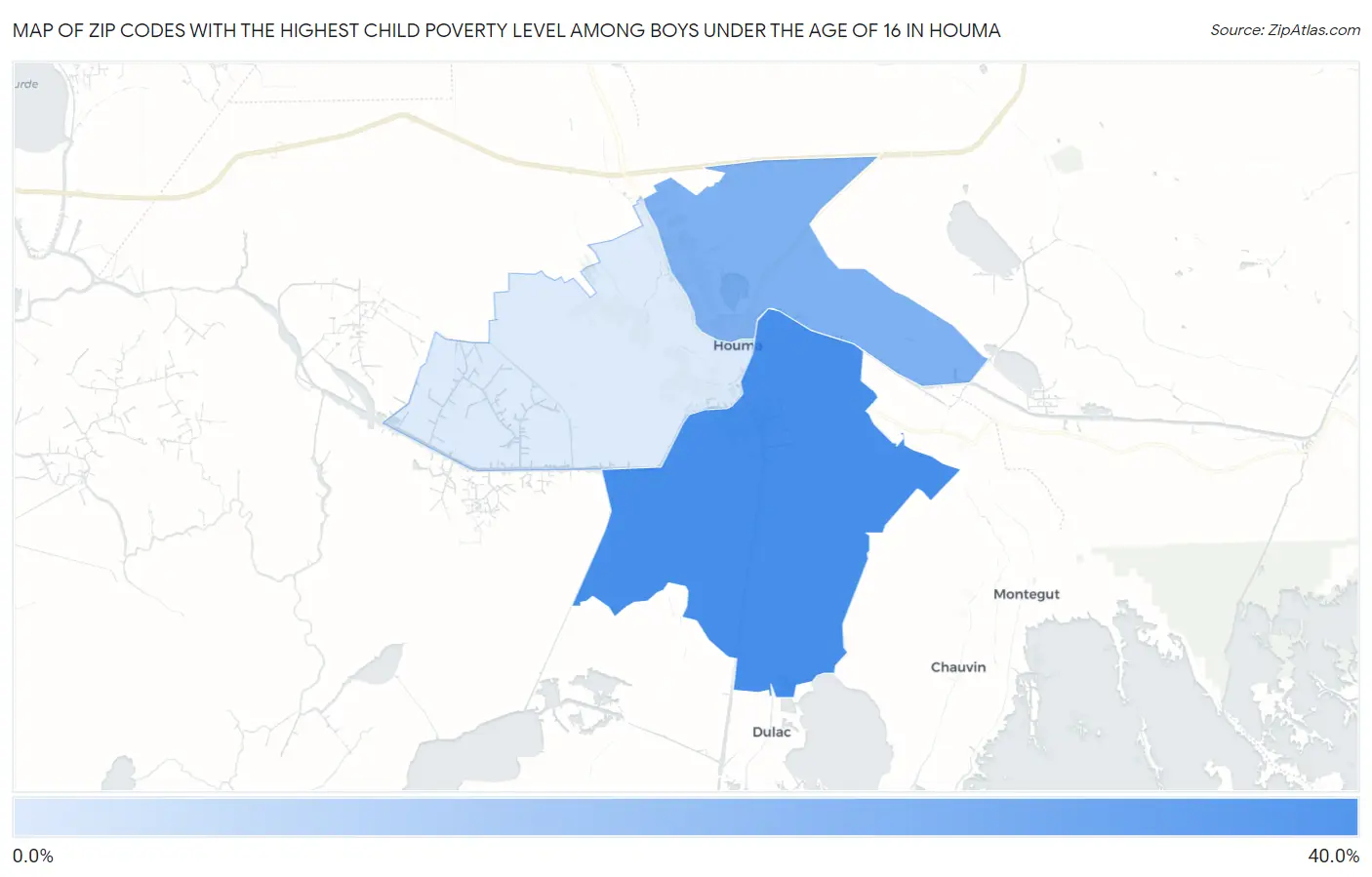 Zip Codes with the Highest Child Poverty Level Among Boys Under the Age of 16 in Houma Map