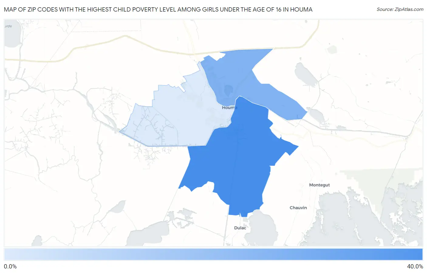 Zip Codes with the Highest Child Poverty Level Among Girls Under the Age of 16 in Houma Map