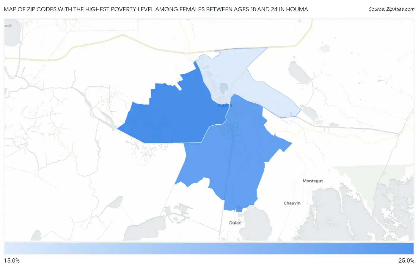 Zip Codes with the Highest Poverty Level Among Females Between Ages 18 and 24 in Houma Map