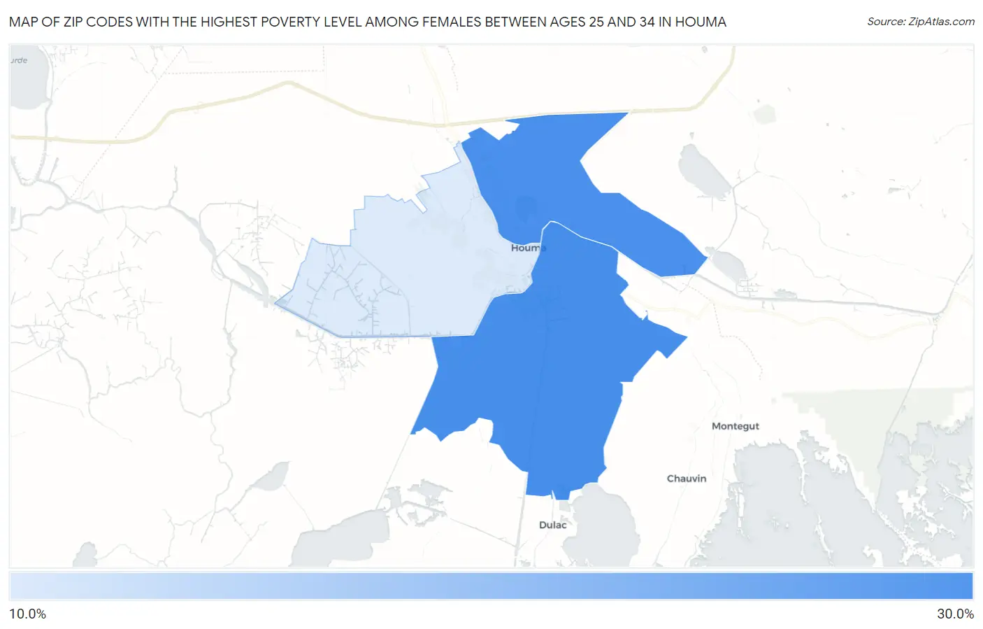Zip Codes with the Highest Poverty Level Among Females Between Ages 25 and 34 in Houma Map