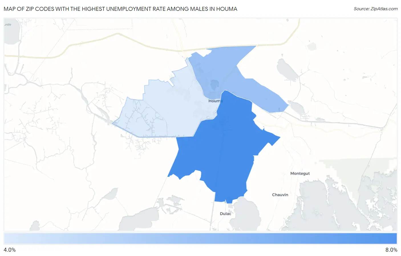 Zip Codes with the Highest Unemployment Rate Among Males in Houma Map